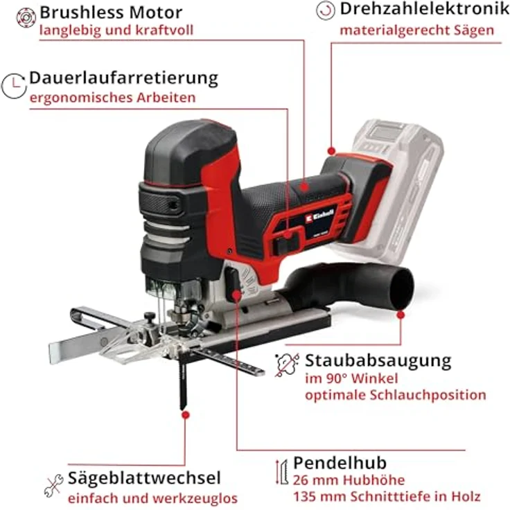 Einhell Professional Akku-Stichsäge TP-JST 18/135 Li BL Power X-Change (18 V, 135 mm Schnitttiefe in Holz, 26 mm Hubhöhe, Brushless, T-Style-Griff, 3x Sägeblatt, ohne Akku) – Bild 3