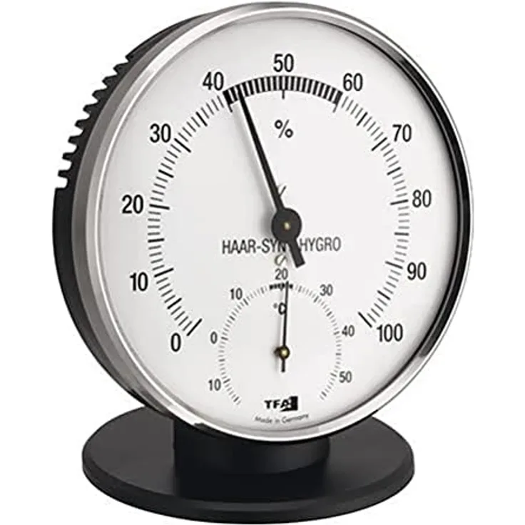 TFA Dostmann Analoges Thermo-Hygrometer, 45.2032, zur Temperatur- und Luftfeuchtigkeitskontrolle, Silber Schwarz, L 102 x B 35 (80) x H 114 mm