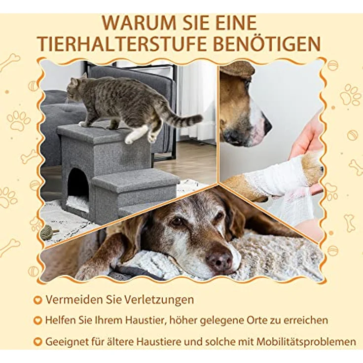 PawHut Hundetreppe, 3 Stufige Katzentreppe mit Höhle, Haustiertreppe mit Stauraum, Kissen, 3-in-1 Haustierrampe, bis 10 kg Belastbar, für Sofa, Bett, Leinen, Hellgrau – Bild 4