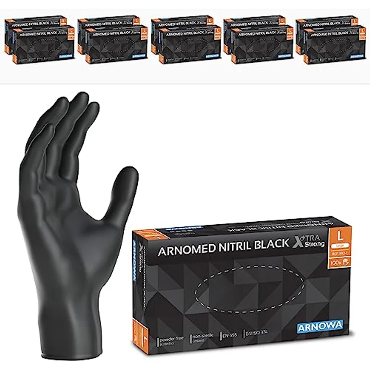 ARNOMED Nitrilhandschuhe Schwarz XTRA STARK, 1000 Stück, 50% dickere Einweghandschuhe, puderfrei, latexfrei, Größen S, M, L, XL