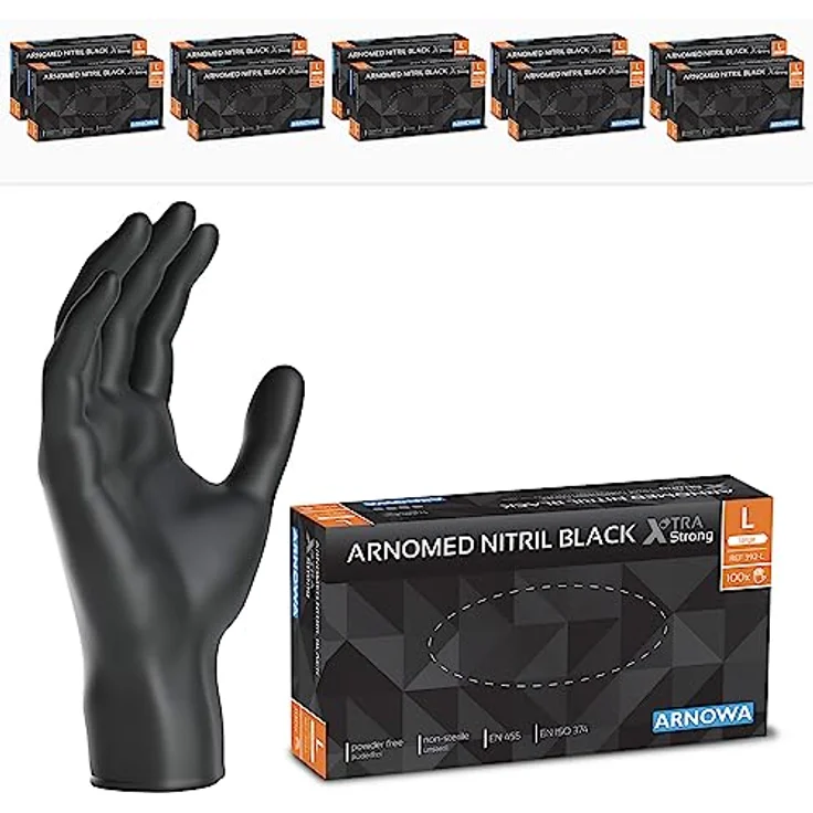 ARNOMED Nitrilhandschuhe Schwarz XTRA STARK, 1000 Stück, 50% dickere Einweghandschuhe, puderfrei, latexfrei, Größen S, M, L, XL – Bild 1