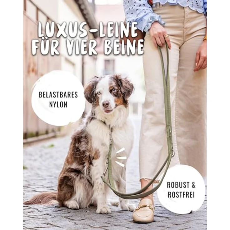 Rudelkönig Führleine Bella, 2,30m verstellbare Hundeleine für mittelgroße & große Hunde, weiche Khaki Lederleine aus Neopren & Nylon – Bild 2