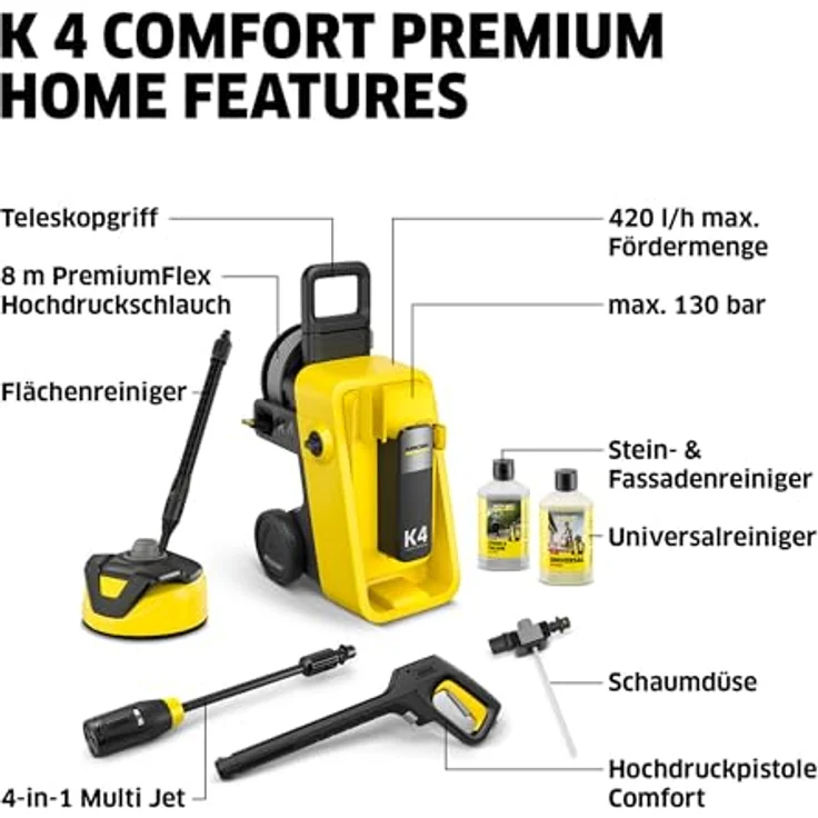 Kärcher Home & Garden K 4 Comfort Premium Home, Hochdruckreiniger 130 bar mit 4-in-1-Multi Jet-Strahlrohr und Home Kit inklusive Flächenreiniger T 5 und Reinigungsmittel – Bild 8