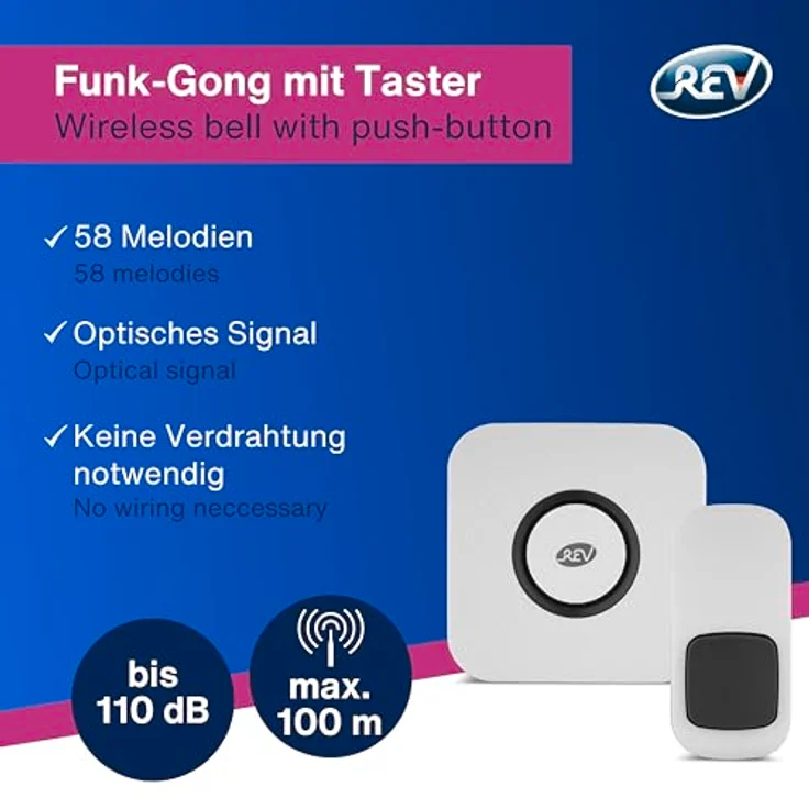 REV Funkklingel Piezo - Steckdosen Gong mit Lichtsignal, 58 Melodien, 4 Lautstärkestufen bis 110dB, kabellos, 100m Reichweite, weiß – Bild 2