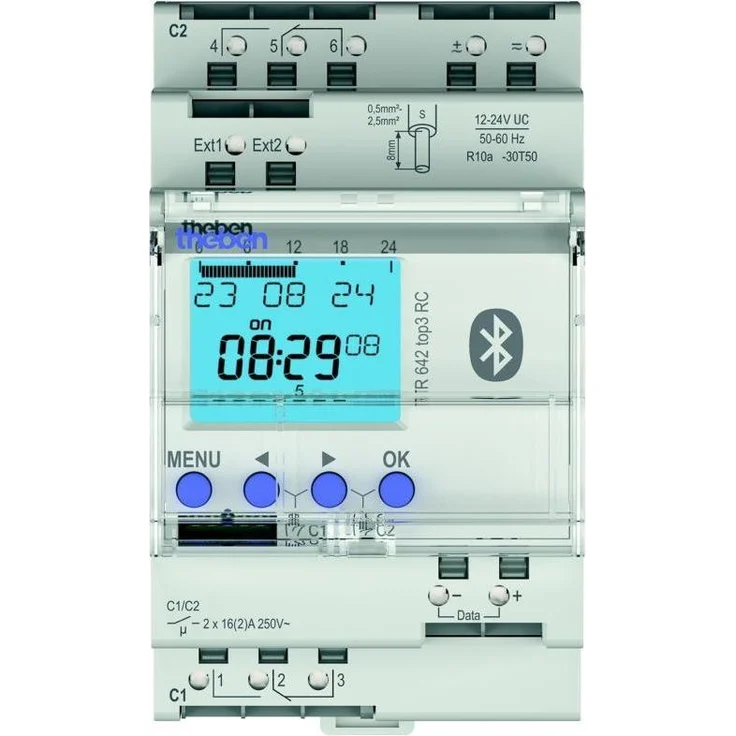 Theben Digitale Zeitschaltuhr 12-24 V mit Jahres- und Astro-Programm, App-Programmierung, 800 Speicherplätzen und DIN-Schienenmontage