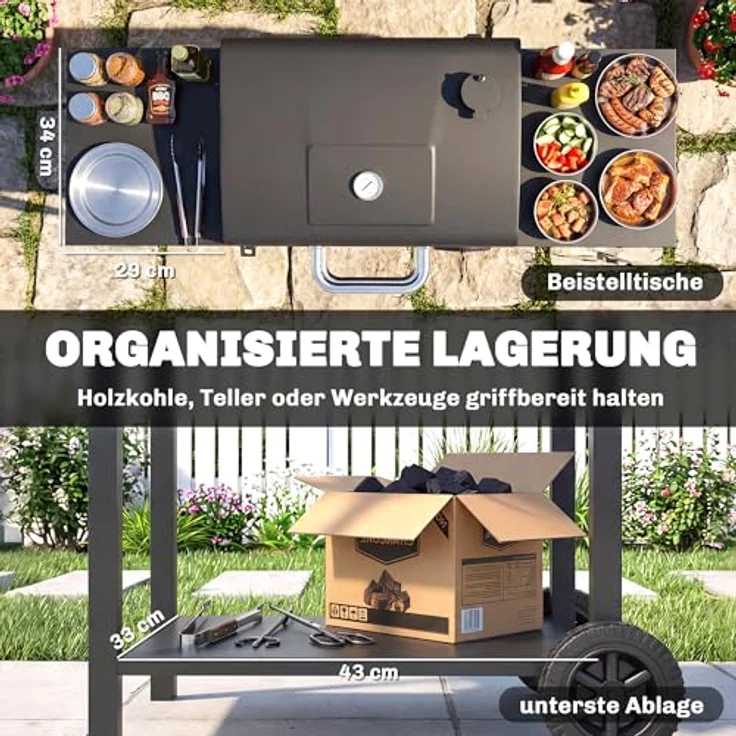 Outsunny Holzkohlegrill BBQ Smoker mit Deckel, 46x31 cm Grillfläche, 2 Seitentischen, Thermometer, Räder, Schwarz, 110 x 46,5 x 101 cm – Bild 5