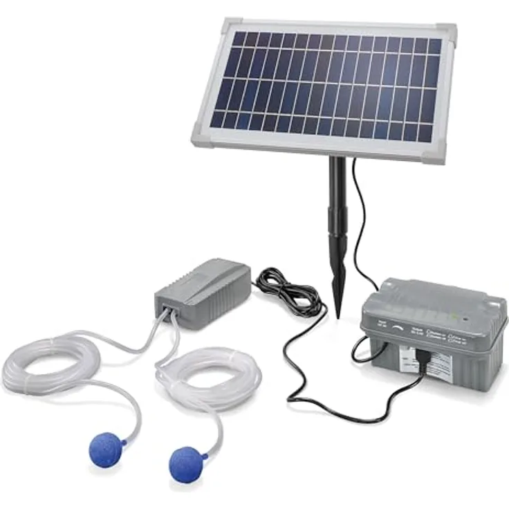 Esotec Solar Teichbelüfter Set 8/200, Sauerstoffpumpe mit 100 l/h Leistung, Akku-Speicher und 8W Solarpanel, für effektive Teichbelüftung, Erdspieß 101846