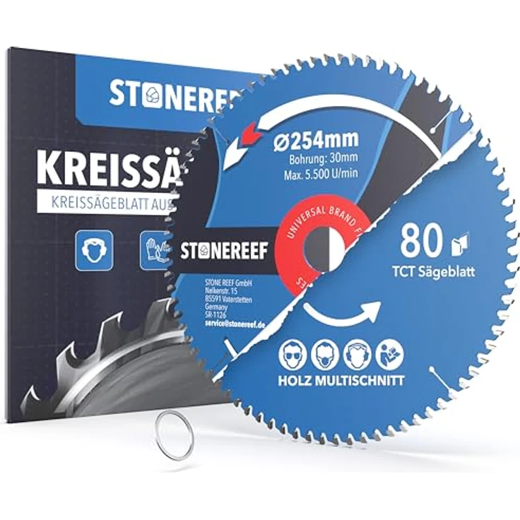STONE REEF Kreissägeblatt 254 x 30 mm für Holz & Kunststoff, 80 Zähne, Bohrung 30 mm, inkl. Adapterringe 25,4/22,23/20/16 mm für Tisch-, Kapp- & Gehrungssägen – Bild 1