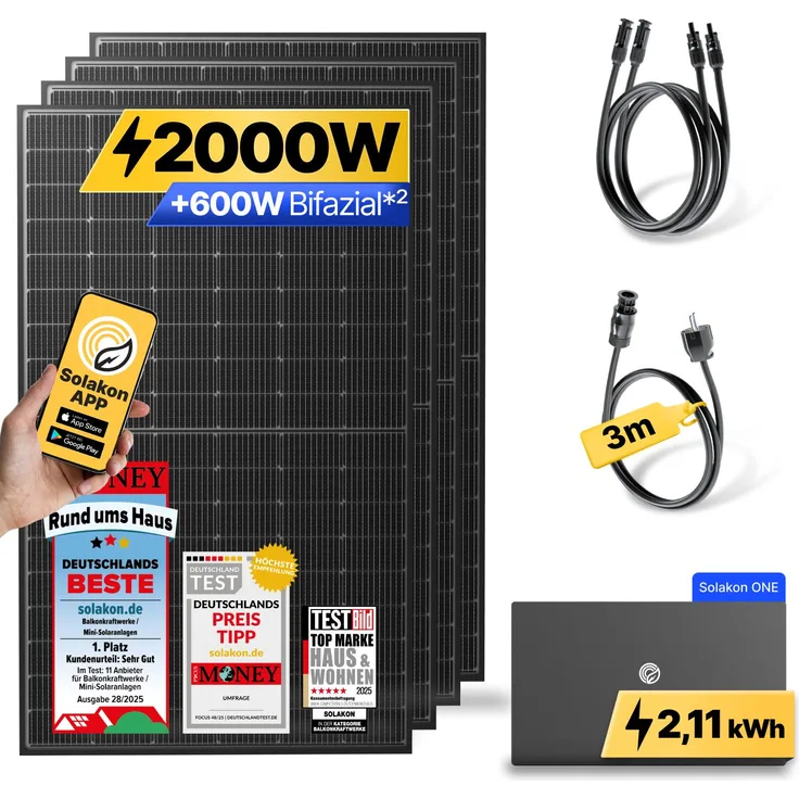 Solakon Balkonkraftwerk ONE 2000W mit 2,11 kWh Speicher, 800W Photovoltaik Komplettset, steckerfertig, WIFI, Kabellänge: 3m, bifaziale N-Typ-Solarzellen