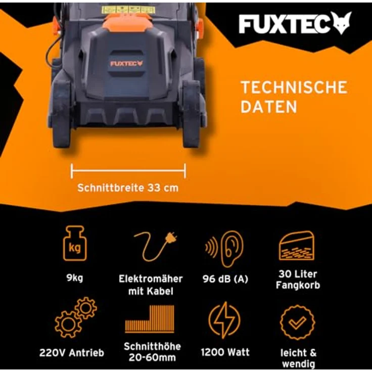 FUXTEC Elektrorasenmäher FX-RME33, Rasenmäher mit 1200 Watt Leistung, super leicht, super leise – Bild 3