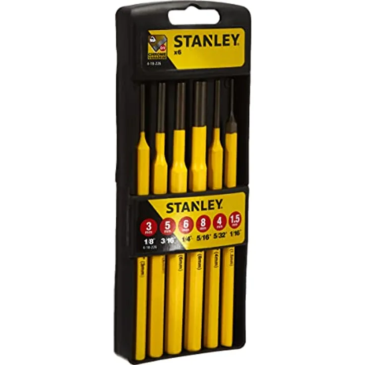 Stanley Splinttreiber-Set 6-teilig (pulverlackiert, gehärtet, 1.5 mm / 3 mm / 4 mm / 5 mm / 6 mm / 8 mm Splints) 4-18-226, Gelb
