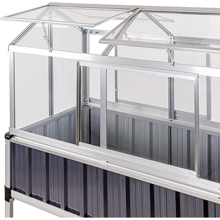 DEMA Alu Hochbeet mit Gewächshausaufsatz, 114x61x129 cm, anthrazit, 2 Schiebetüren, 4 Dachentlüftungen, 3-stufig – Bild 5
