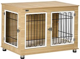 PawHut Hundekäfig, Hundehütte, Haustierkäfig mit Kissen, 2 Verriegelungen für mittelgroße Hunde, Hundebox mit Doppeltüren, Hundehaus, Eiche, 90 x 58 x 65 cm