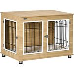 PawHut Hundekäfig, Hundehütte, Haustierkäfig mit Kissen, 2 Verriegelungen für Mittelegroße Hunde, Hundebox mit Doppeltüren, Hundehaus, Eiche, 90 x 58 x 65 cm