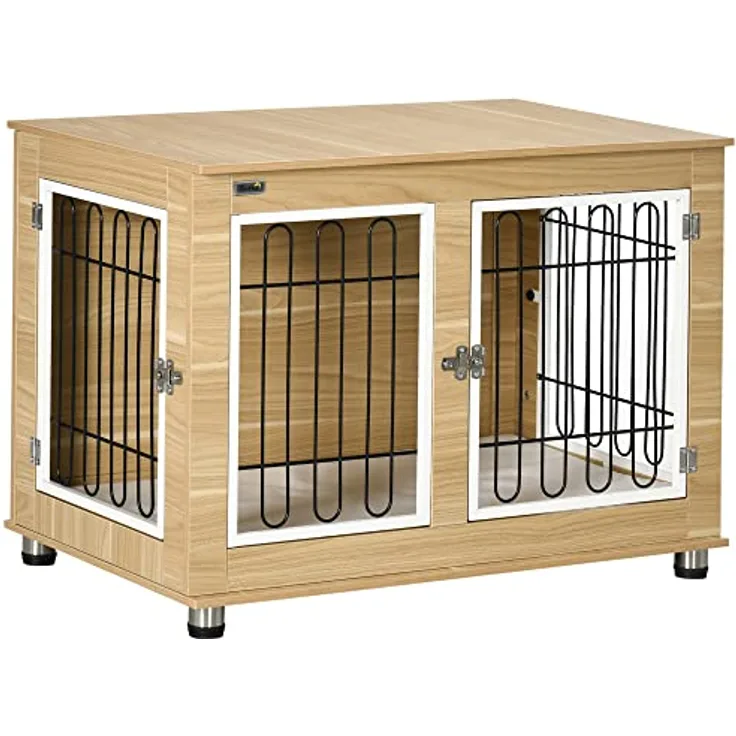PawHut Hundekäfig, Hundehütte, Haustierkäfig mit Kissen, 2 Verriegelungen für Mittelegroße Hunde, Hundebox mit Doppeltüren, Hundehaus, Eiche, 90 x 58 x 65 cm