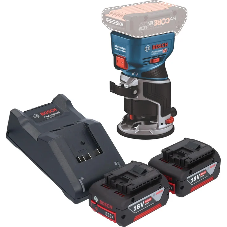 Bosch Professional GKF 18V-8, Akku Kantenfräse 18 V, 8,0 mm Brushless, inkl. 2x Akku 4,0 Ah und Ladegerät, bürstenloser Motor, handfreie Spindelarretierung, Doppel-LED-Beleuchtung, hocheffiziente Staubabsaugung