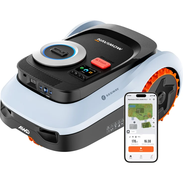 NAVIMOW Navimow i210 LiDAR Pro Mähroboter, kabellos für 1000 m², LiDAR+Vision+NRTK Tri-Fusion-Positionierung, Xero-Turn AWD für 55 % Steigungen, IP66 wasserbeständig