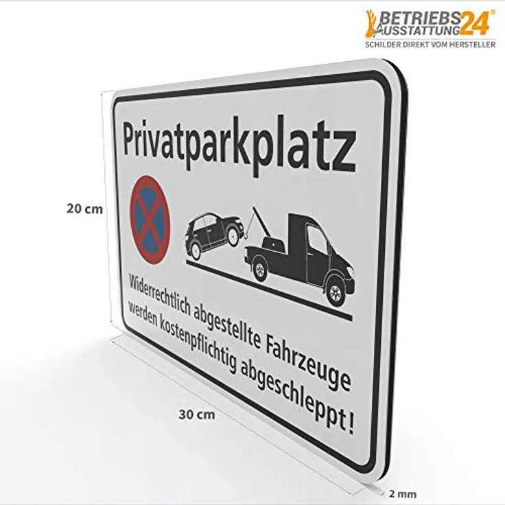 Betriebsausstattung24® Halteverbotsschild Privatparkplatz - Widerrechtlich abgestellte Fahrzeuge werden kostenpflichtig abgeschleppt! | Querformat 30,0 x 20,0 cm | 2mm | Aluminium Verbundplatte | Weiß – Bild 4