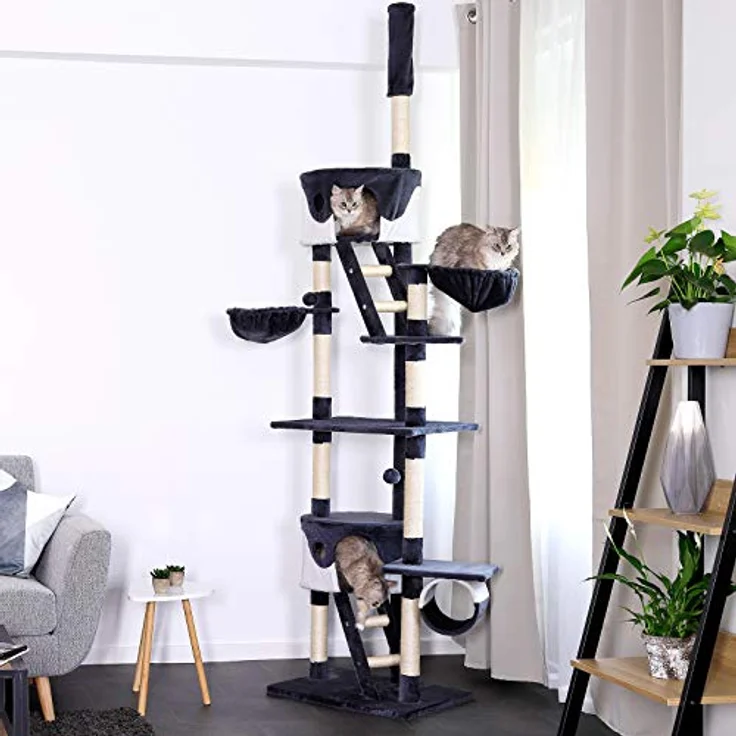 lionto Kratzbaum XXL Kletterbaum Katzenkratzbaum Katzenbaum höhenverstellbar 230-250 cm, grau/weiß – Bild 2