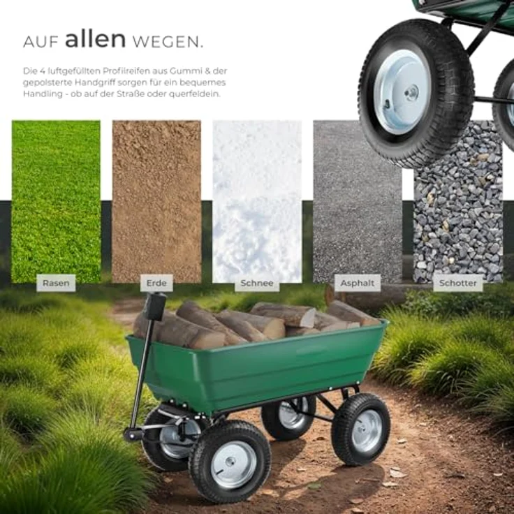 tectake® Bollerwagen mit Kippfunktion, Handwagen und Trolley, belastbar bis 300 kg, stabil mit Stahlgestell, leichtgängige Lenkachse und luftgefüllte Gummireifen, vielseitig einsetzbar als Einkaufswagen oder Gartenwagen – Bild 5