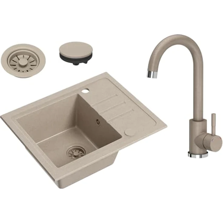 VBChome Spülbecken Granit Beige mit Armatur 55 x 44 cm Einzelbecken Einbauspüle gesprenkelt reversibel Granitspüle beige Siphon Waschbecken beige Armatur – Bild 1