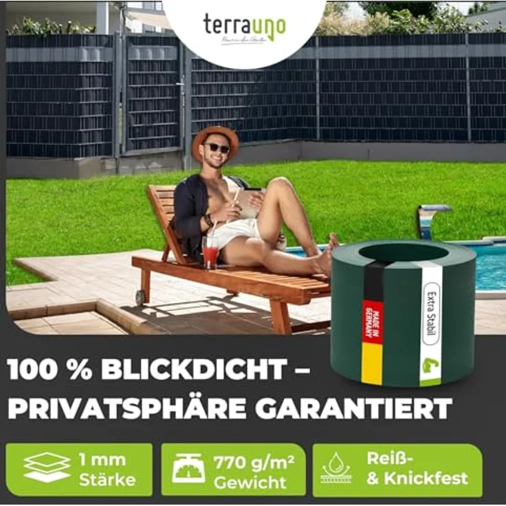 TerraUno Sichtschutzstreifen für Doppelstabmatten, Polypropylen, RAL 6005 Grün, 1 Streifen, UV-beständig, Lederoptik, extra stabil, 100 % blickdicht – Bild 5