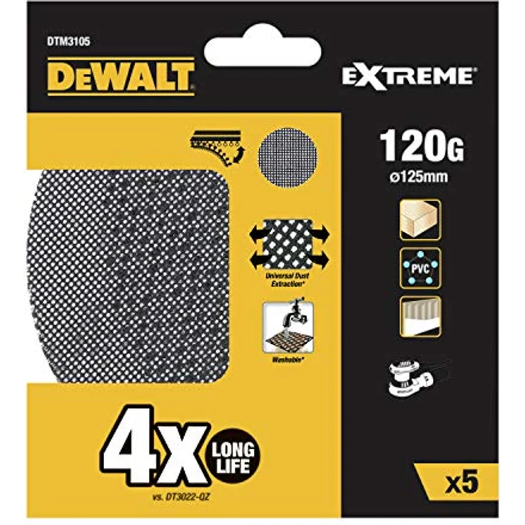 Dewalt Schleifgitter Extreme (120er Körnung, 125 mm Ø, mit Klettfix, für den Einsatz auf Exzenterschleifern, 5 Stück) DTM3105 – Bild 2