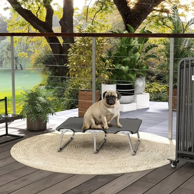 PawHut Erhöhtes Hundebett, Outdoor Haustierbett, Hundeliege für kleine Hunde bis 10 kg, Oxford, Grau 71 x 58 x 20 cm – Bild 2