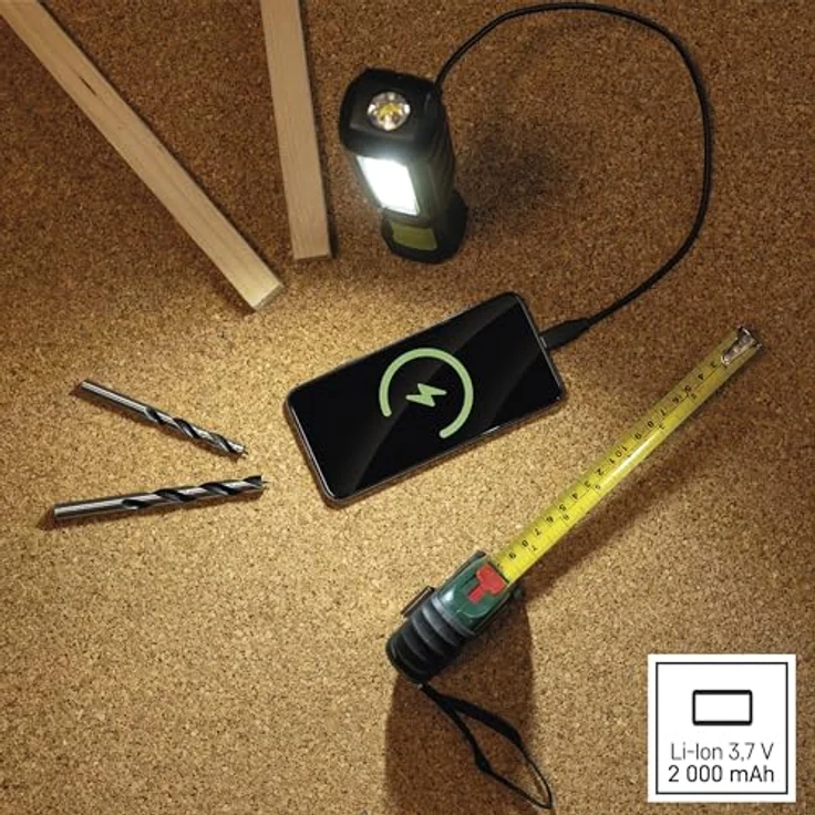EMOS Wasserdichte LED-Arbeitsleuchte, aufladbare Werkstattlampe mit knickbarem Haltefuß, Haken und Magnet, 800 lm, 110 m Leuchtweite, 2000 mAh Akku - Taschenlampe – Bild 5