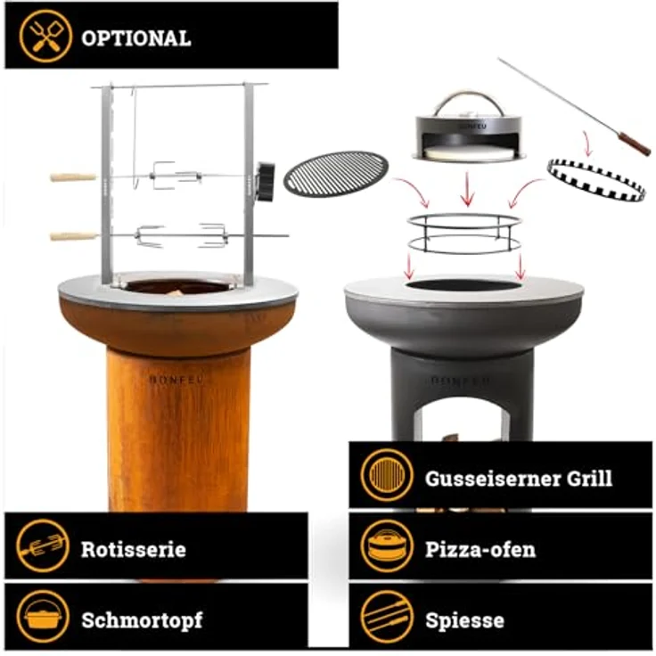 BonFeu BonBiza Feuerkorb & Feuerschale, Ø80 cm, Cortenstahl mit Grillrost & Plancha, schwarz, für Outdoor-Kochen & BBQ – Bild 5