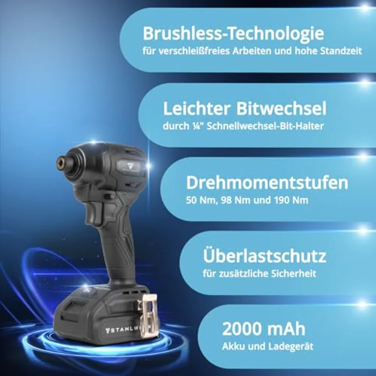 STAHLWERK Akku-Schlagbohrschrauber ADS-190 ST, 20 Volt-System mit Brushless-Technologie, 190 Nm Drehmoment, inklusive Akkus und Ladegerät, ¼ Zoll-Schnellwechsel-Bit-Aufnahme – Bild 3