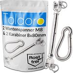 Toldoro® 2X Sonnensegel Spanner / Wantenspanner Edelstahl / rostfreie Sonnensegel Befestigung / 2X Seilspanner Sonnensegel M8 & 2 Karabiner 80mm / Befestigung für Sonnensegel, Abdeckplane oder Tarp