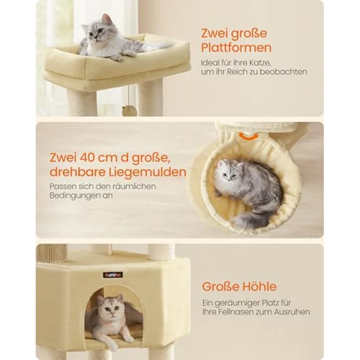 Feandrea Kratzbaum mit selbstwärmenden Decken für große Katze, Katzenbaum mit 2 Katzenbürsten, 11,1 cm d Dicke Stämme, große Plattformen, Höhle, 50 x 50 x 160 cm, sandbeige-beige PCT003Y01 – Bild 3