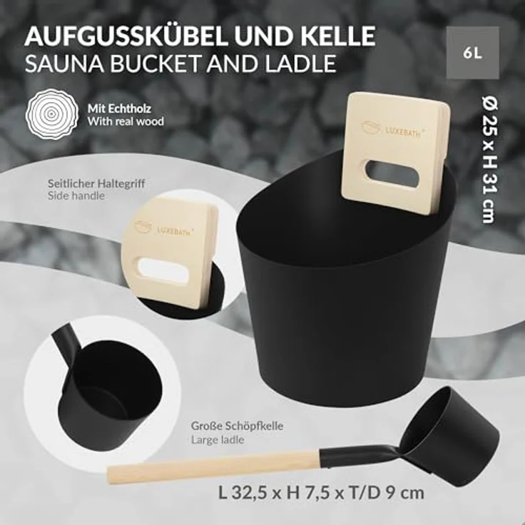 LuxeBath Saunazubehör-Set, 4-teiliges Set aus Aluminium & Naturholz, schwarz, 6L Aufgusskübel mit Griff, Schöpfkelle, Thermo-Hygrometer & 15min Sanduhr, langlebiges Sauna Zubehör – Bild 3