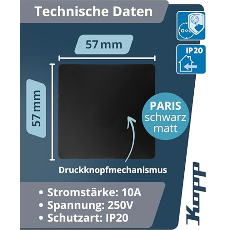 Kopp PARIS Taster, Matt-Schwarz, IP20 Unterputz-Klingeltaster für Türöffner & Lichtschalter, 10AX Schaltvermögen, 250V~ – Bild 2