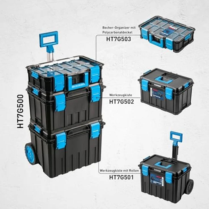 Högert Technik HT7G500 - 4 in 1 Kastenset, Werkzeugkisten auf Rädern, modularer Aufbau, staubdicht und robust mit ABS-Verschlüssen – Bild 5