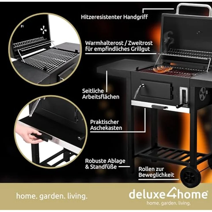 deluxe4home® Grillwagen XXL Holzkohlegrill mit Deckel I Grill Rollbar mit seitlicher Ablage I inkl. Grillhandschuh I Rollgrill Standgrill – Bild 3