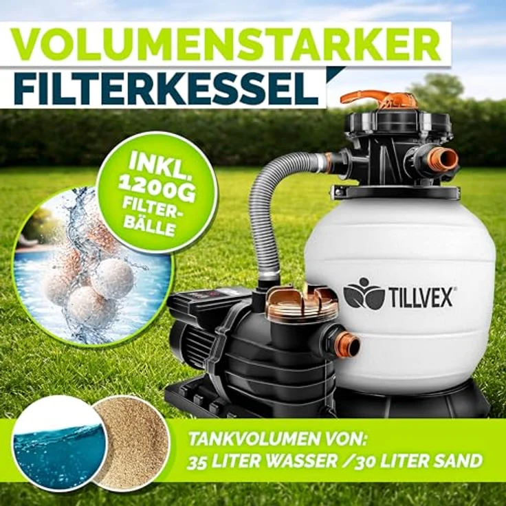 tillvex Sandfilteranlage 13.200L/h, inkl. 1200g Filterbälle, selbstansaugend mit 7-Wege Ventil & 2in1 Adapter Ø32-38mm für Pools bis 40.000L – Bild 8
