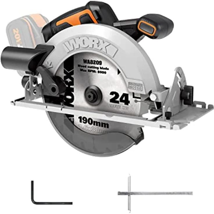 WORX NITRO WX520.9 Akku-Kreissäge – 190mm Schneideblatt – leistungsstarke bürstenloser Motor – 6100 U/min – max. Schnitttiefe 65mm (90°) – 0-57° Schrägschnitt – ohne Akku & Ladegerät
