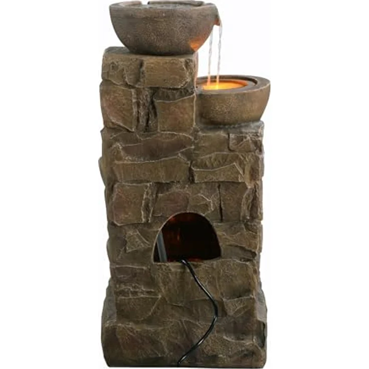 Teamson Home Wasserfallbrunnen "Cascading Bowls & Stacked Stones", Gartenbrunnen mit LED, Polyresin braun, H84 cm – Bild 9