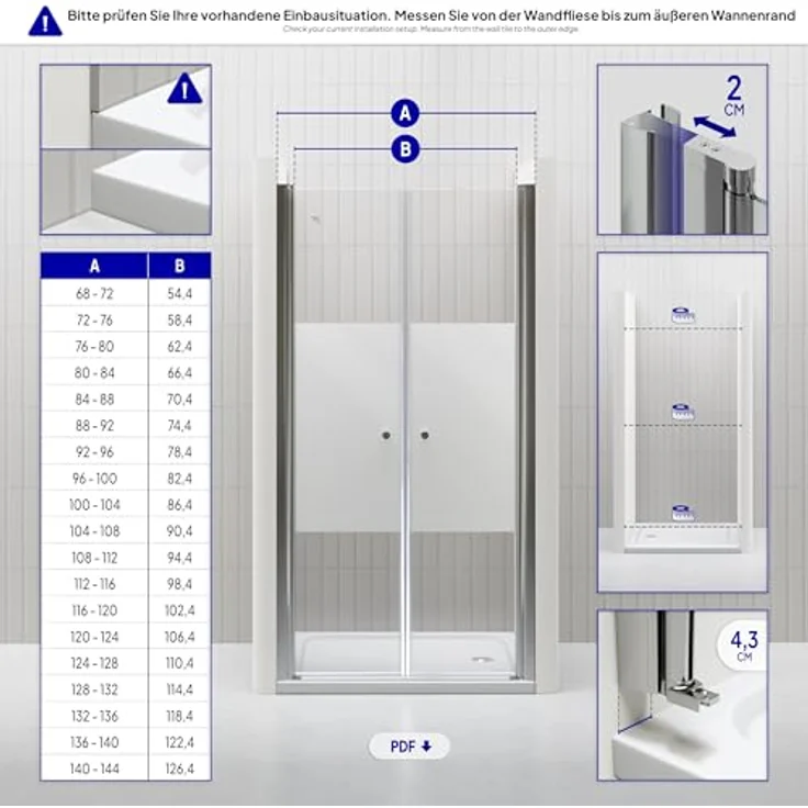i-flair Duschtür 100-104 cm, Höhe 195 cm, teilsatiniertes 6 mm ESG Sicherheitsglas mit doppelter Pendeltür und magnetischer Dichtung – Bild 3