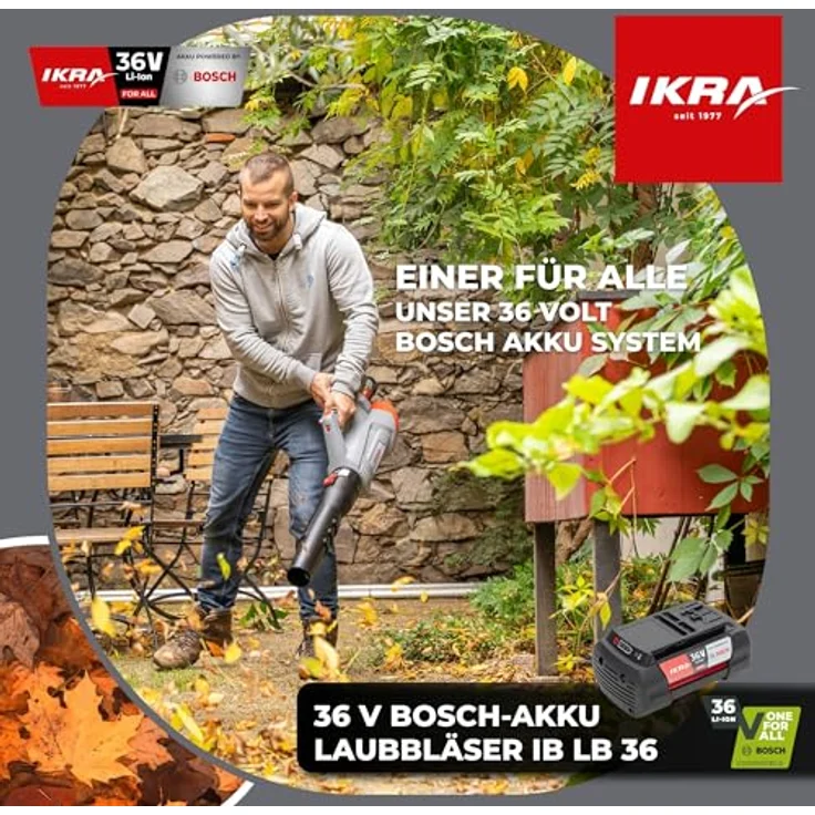 IKRA 36V Akku Laubbläser IB-LB 36, Blasgeschwindigkeit bis 215 km/h, kompatibel mit Bosch, variabel einstellbar, ergonomisch, grau – Bild 2
