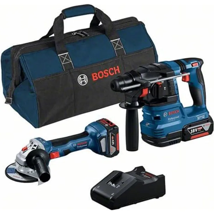 Bosch Combo Kit GWS 18V-7 & GBH 18V-22, Akku-Winkelschleifer und Akku-Bohrhammer mit 2x 4,0 Ah Akku, Ladgerät und Tasche