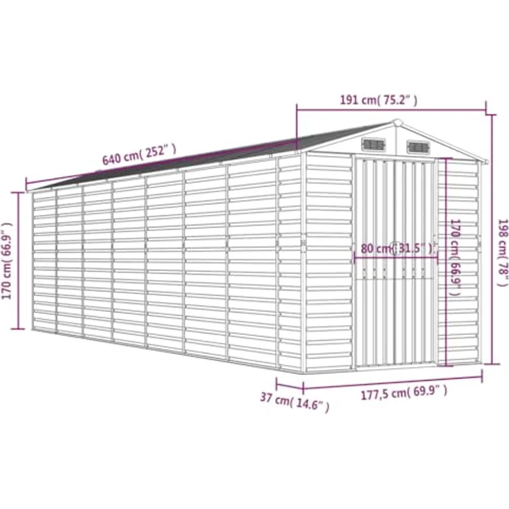vidaXL Gerätehaus, Gartenhaus mit Schrägdach Griffe, Gartenschuppen Schuppen mit Stauraum, Geräteschuppen Metallschuppen, Grün 191x640x198 cm Verzinkter Stahl – Bild 4