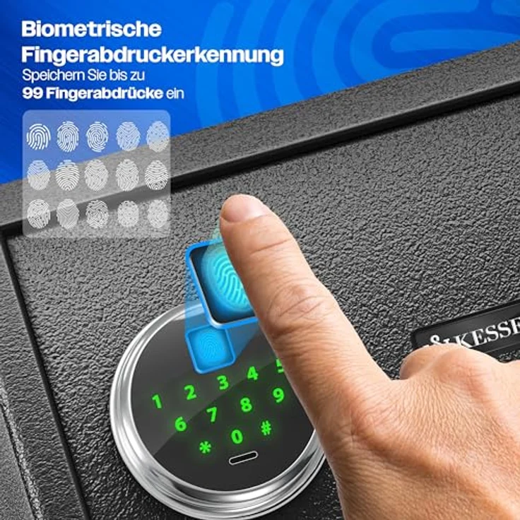 KESSER® Elektr. Tresor mit Fingerabdruck & Schlüssel M, 3x Doppelbolzenverriegelung, Notfallakku, Alarmfunktion, schwarz – Bild 2