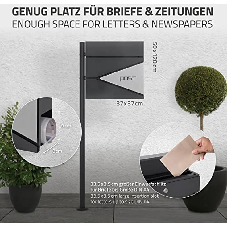 ECD Germany Standbriefkasten mit Zeitungsfach, Design Briefkasten mit Pfosten, Briefkastenanlage, Briefkastenständer Anthrazit 120 cm Edelstahl, Postkasten Anthrazit-Silber Edelstahl pulverbechichtet – Bild 4