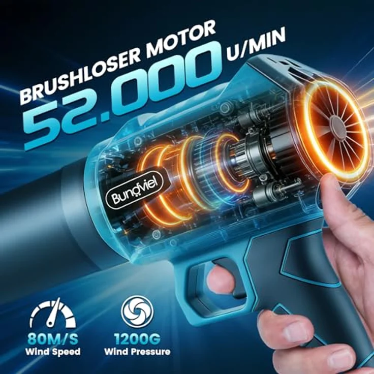 Bundviel Akku-Laubbläser Turbo Gebläse 80m/s Jet Fan, batteriebetrieben, 2x 21V 4000mAh Akkus, blau – Bild 2