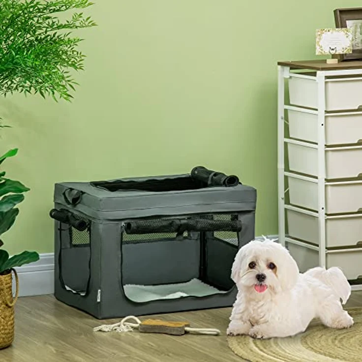 PawHut Hundetasche Hundebox mit Meshfenster, Katzentransportbox mit Kissen, Transportbox, Transporttasche für Hunde bis 4 kg, Oxford, Grau, 60 x 42 x 42 cm – Bild 2