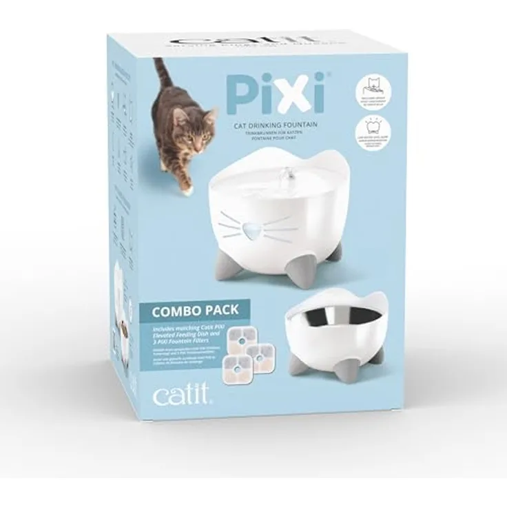 Catit Ca PIXI Combo Kit, Futternapf mit erhöhtem Wasserspeicher und 3 Trinkoptionen, zur Vermeidung von Verschütten