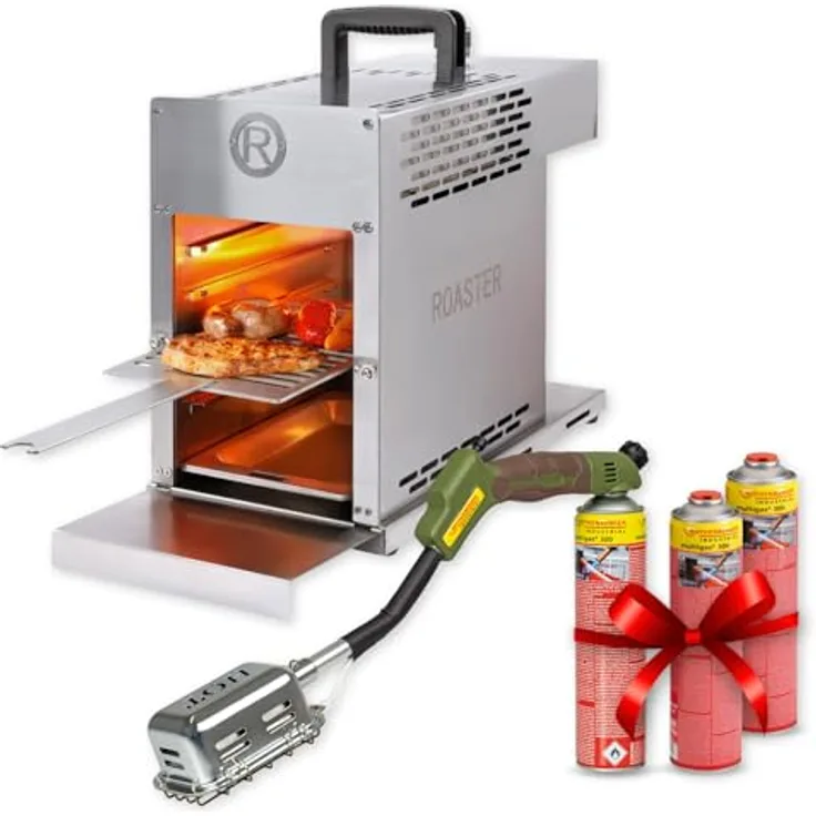 ROTHENBERGER Industrial THERMO ROASTER TO GO, Gasgrill mit 3 x Multigas-Kartuschen und patentierter Front-Thermo-Klappe für Sousvide-Garen